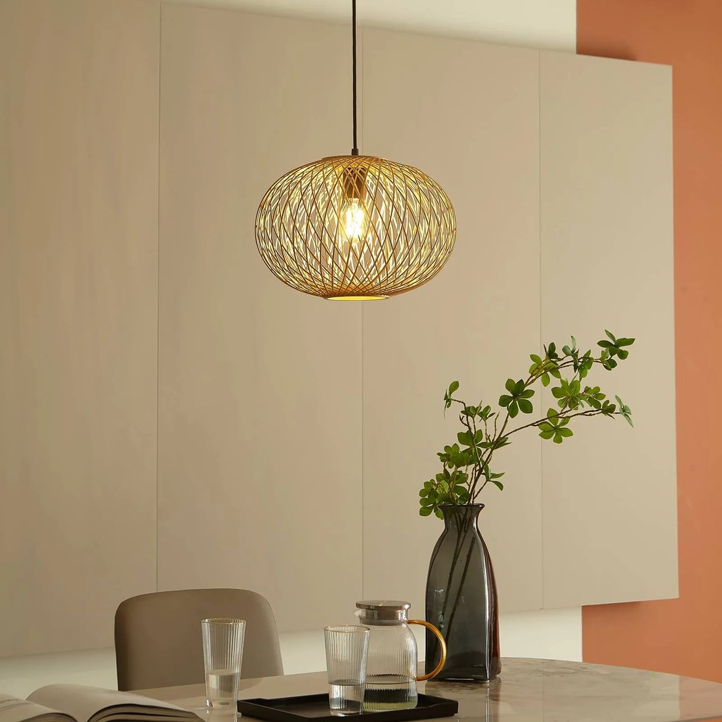 Lampada a sospensione Solvira Lindby, dimmerabile, Legno chiaro, Soggiorno / Sala da pranzo, bambù, Scandinavo, Lampada a sospensione