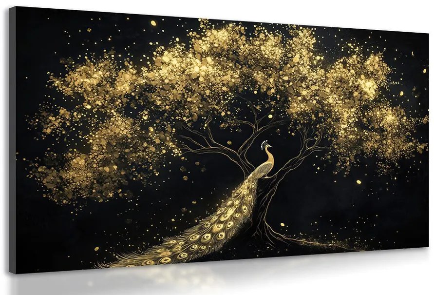 Quadro su tela – Pavone dorato sull'albero
