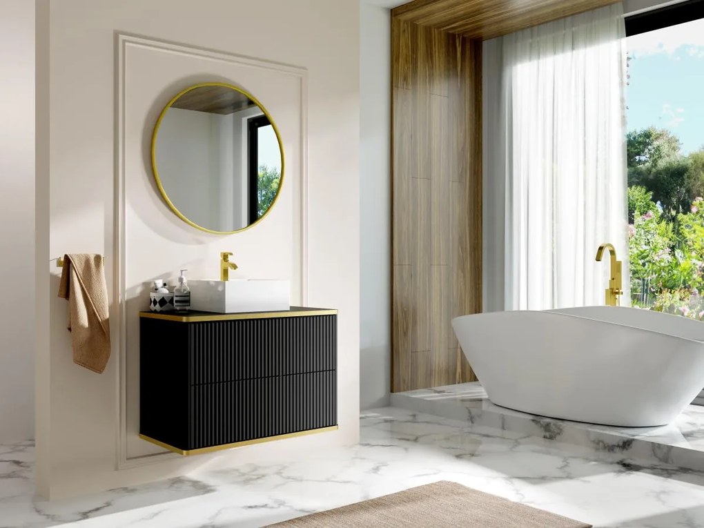 Mobile per bagno sospeso con scanalature con profilo Dorato e lavabo da appoggio Nero 80 cm - KELIZA