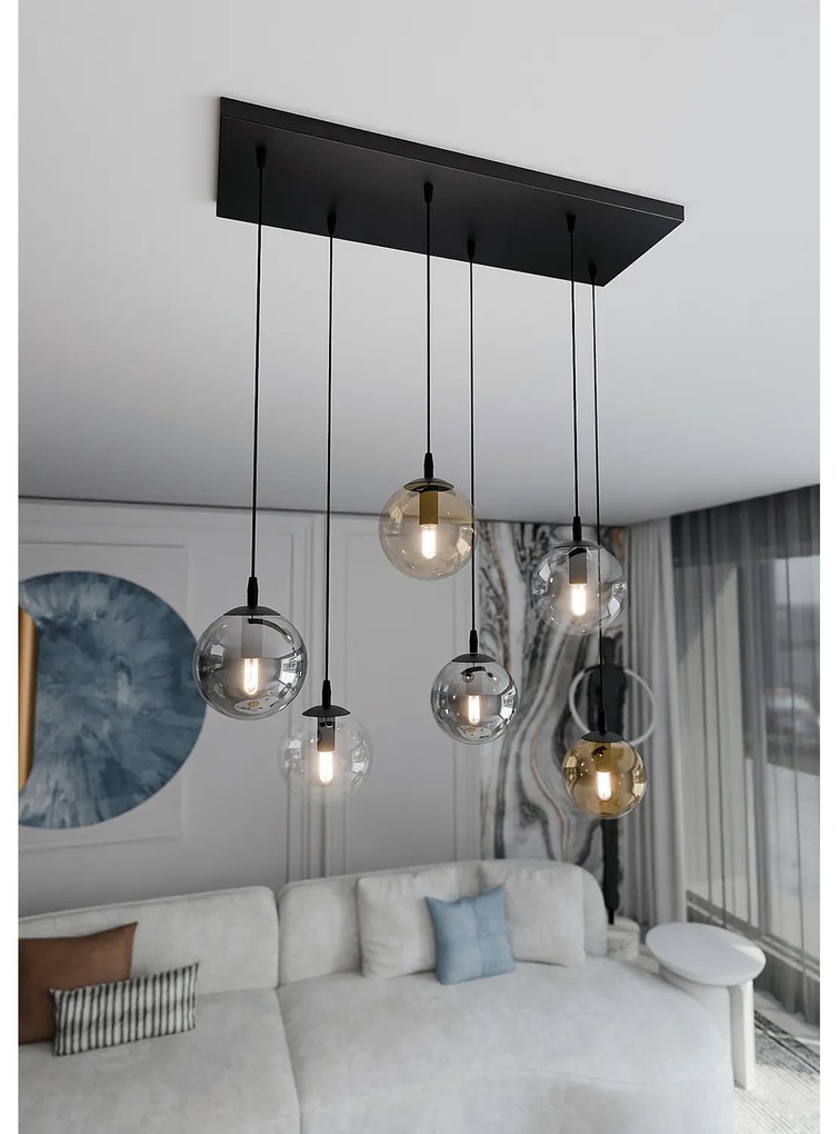 Sospensione Moderna 6 Luci Kali In Acciaio Nero E Sfere In Vetro Multicolor
