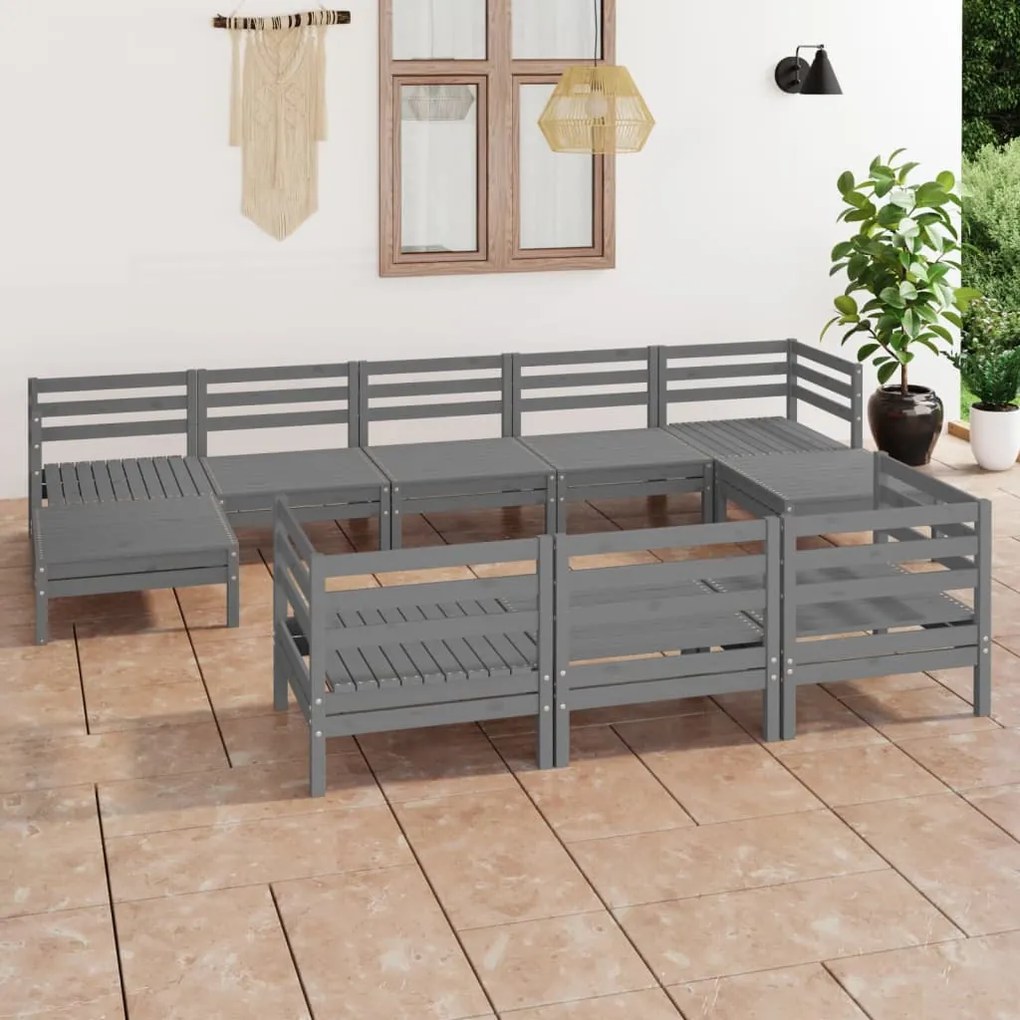 Set salotto da giardino 10 pz grigio in legno massello di pino