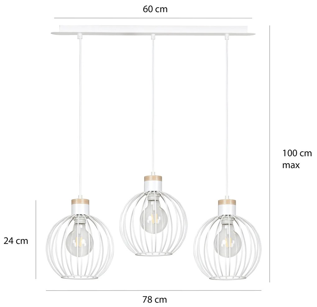 Lampadario 3 Luci Morgana Paralumi A Gabbia In Acciaio Bianco E Legno Naturale
