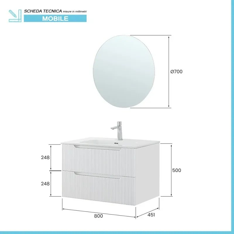 Mobile bagno sospeso 80 bianco cannettato doppi cassetto lavabo e specchio Wise