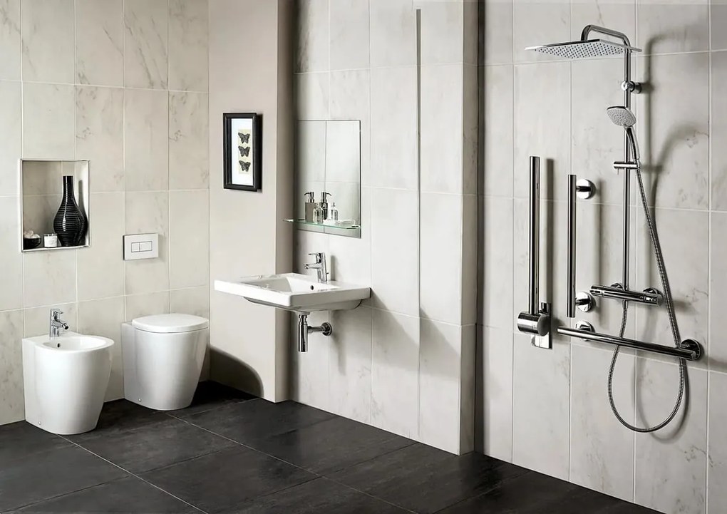 Coppia sanitari filomuro scarico a pavimento e a parete IDEAL STANDARD Connect Freedom lucido WC: P 55.5 x L 36.5 x H 46 cm, bidet: P 54.5 x L 36 x H 46 cm