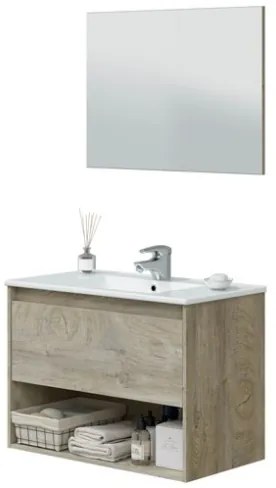Mobile Bagno Sospeso 80 cm Vano Aperto Lavabo Specchio E Colonna Rovere Alaska VAN