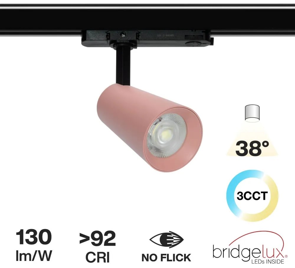 Faro LED 30W Trifase Rosa CRI92 CCT Bianco Variabile 38° Bridgelux LED Colore Bianco Variabile CCT