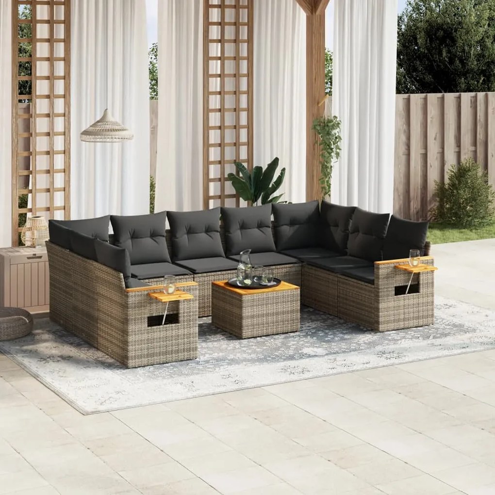 Set divano da giardino 10 pz con cuscini grigio in polyrattan