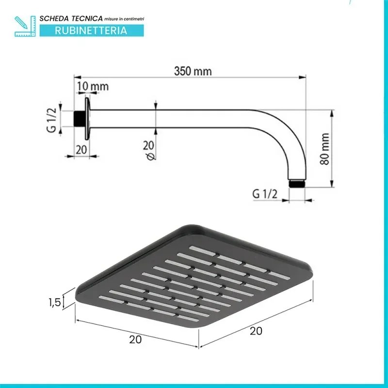 Set Soffione doccia 20 x 20 cm e braccio di 35 cm in finitura nero anticalcare Hidra