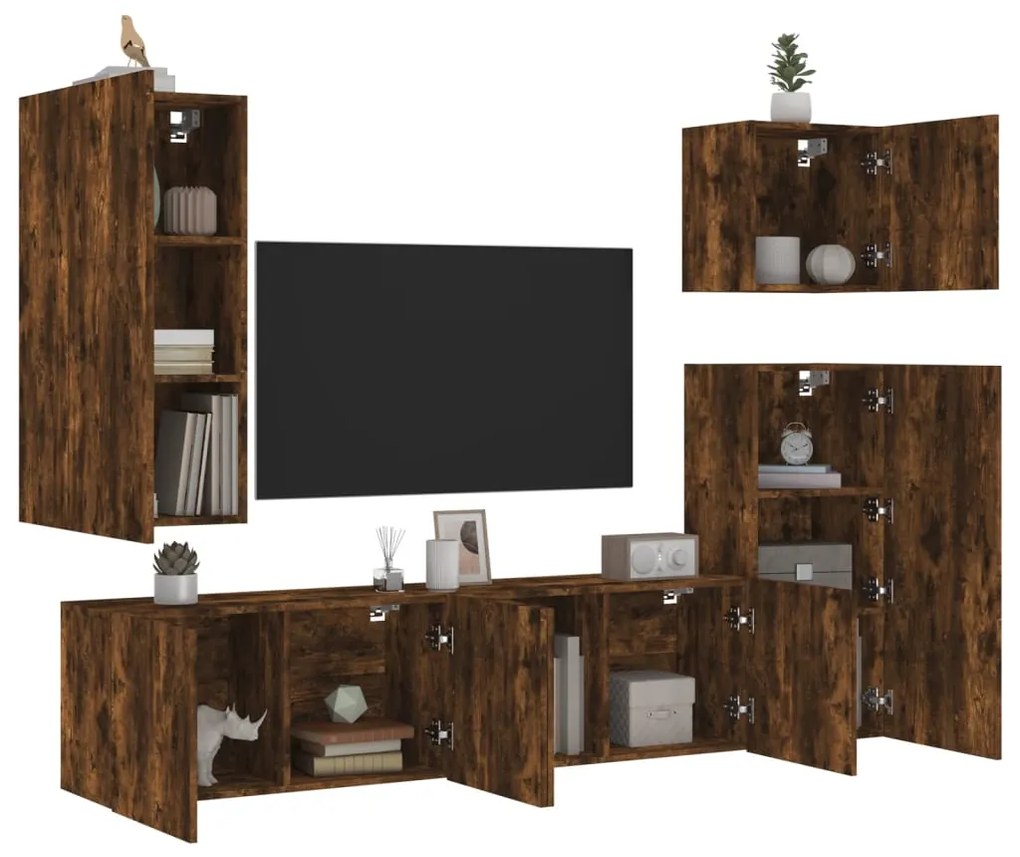 Mobili Tv A Muro 5pz Rovere Fumo İn Legno Multistrato /