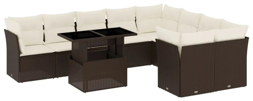 Set divani da giardino 10pz con cuscini in polyrattan marrone