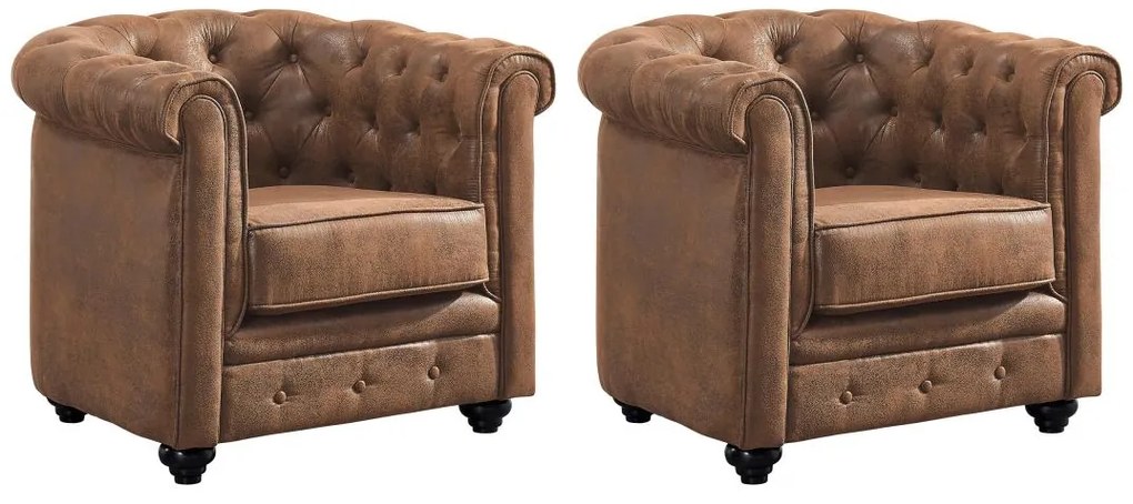 Lotto di 2 poltrone  CHESTERFIELD in microfibra effetto cuoio invecchiato