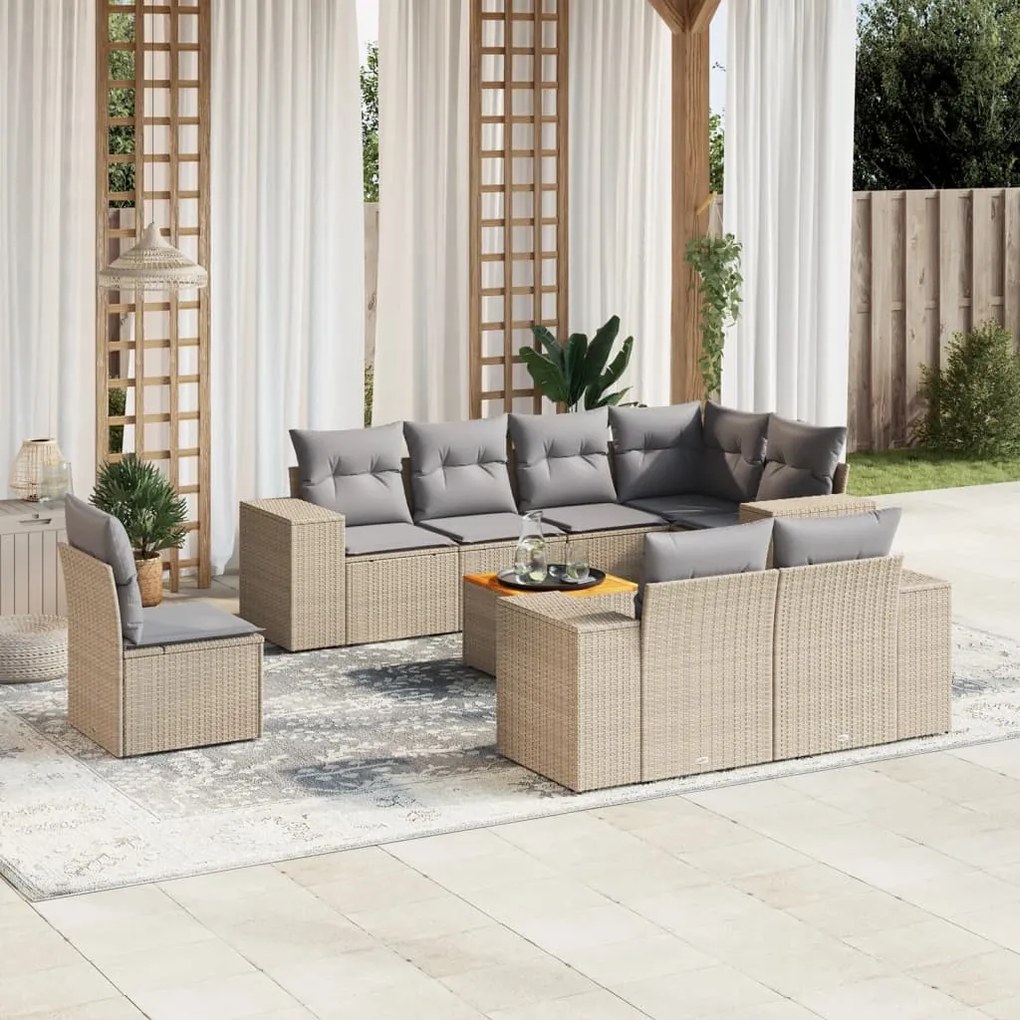 Set Divano da Giardino 9 pz con Cuscini Beige in Polyrattan