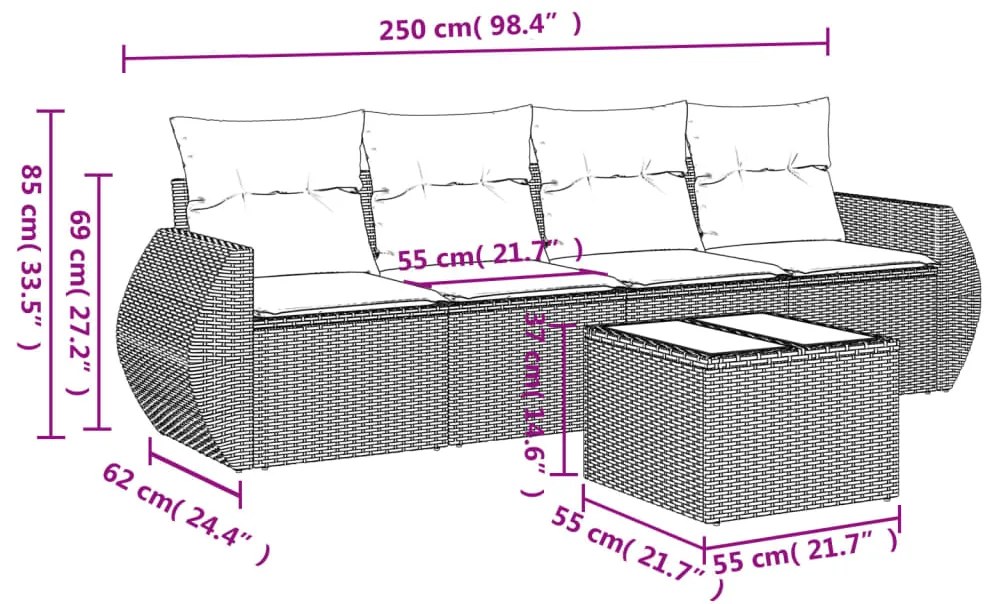 Set divani da giardino 5 pz con cuscini in polyrattan nero