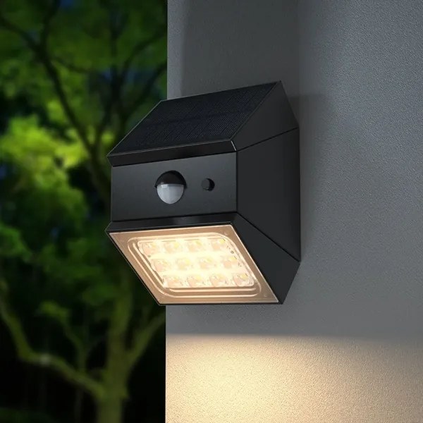 Lampada solare da parete a LED con sensore, 2,5 W / 3,7 V, IP65, 1200 mAh, nera