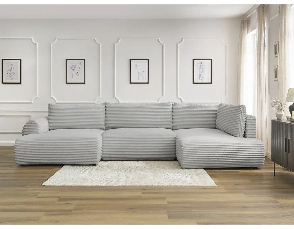 Divano angolare grigio chiaro allungabile/con contenitore (con penisola a destra/a U) con rivestimento in velluto a coste Lucien – Bobochic Paris