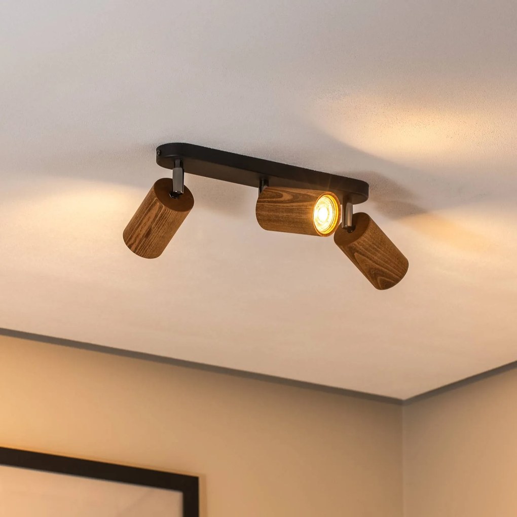 Luminex Plafoniera Nise, a 3 luci, allungata, acciaio nero, legno