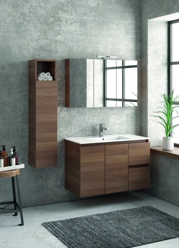 Composizione mobili bagno 100cm installazione sospesa mobile, specchio e colonna TOD-100A - KAMALU