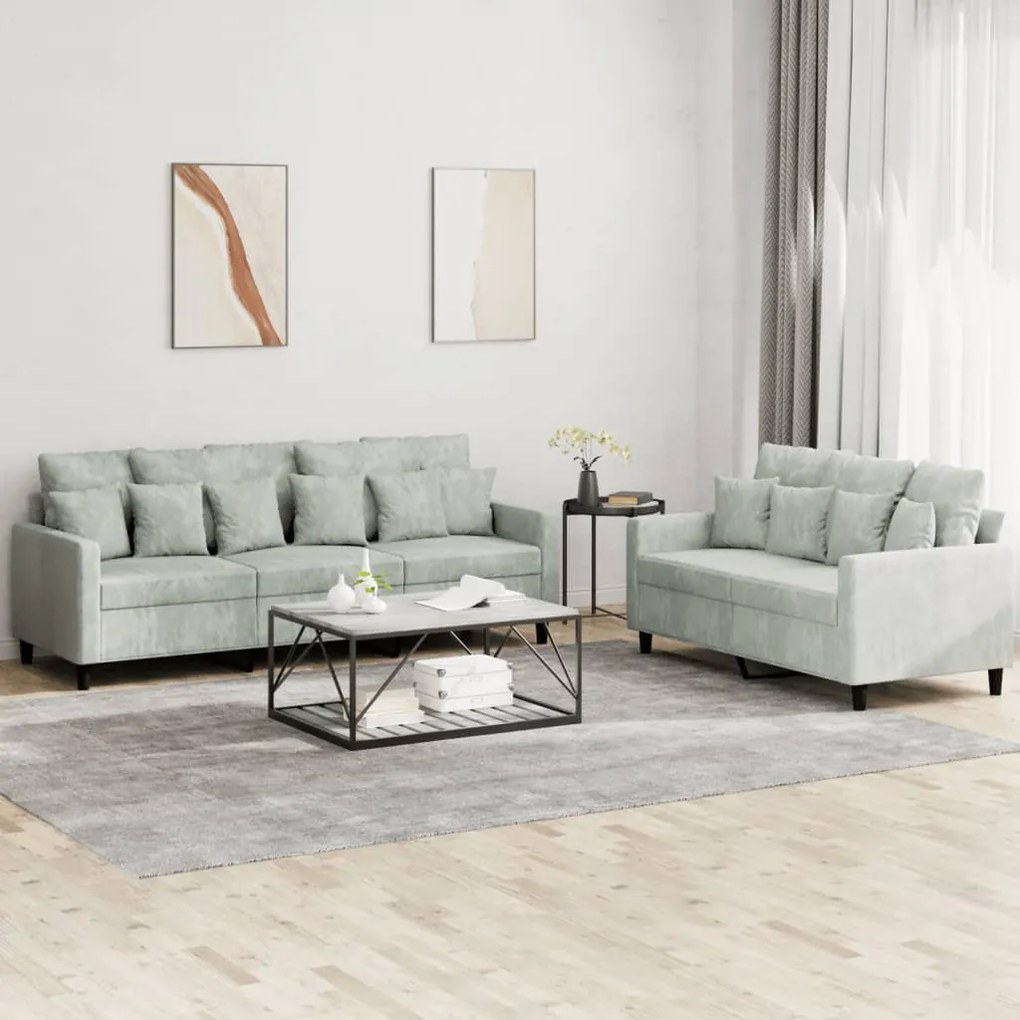 Set Di Divani 2 Pz Con Cuscini Grigio Chiaro İn Velluto /