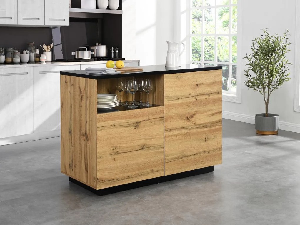 Isola centrale da cucina con 2 ante e 1 nicchia in MDF Naturale e Nero - CORELINA