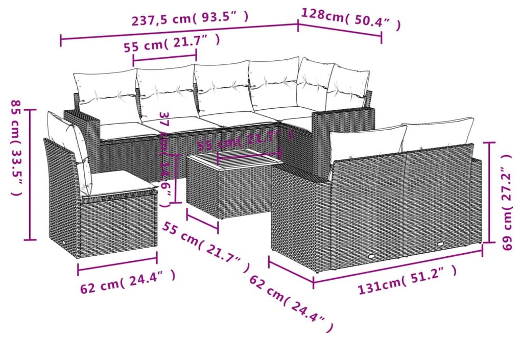 Set divano da giardino 9 pz con cuscini beige in polyrattan