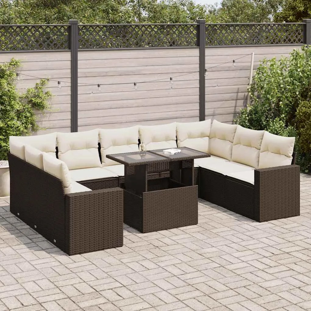 Set divani da giardino 10pz con cuscini in polyrattan marrone