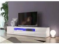 Mobile da soggiorno Porta TV, Made in Italy, Supporto per TV da salotto a 3 ante e ripiani, cm 200x40h37, Bianco lucido, con luce LED blu