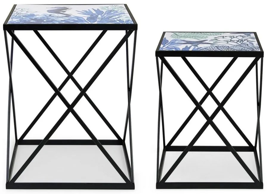 Set di 2 tavolini REEF K03 con struttura in acciaio e piano in legno