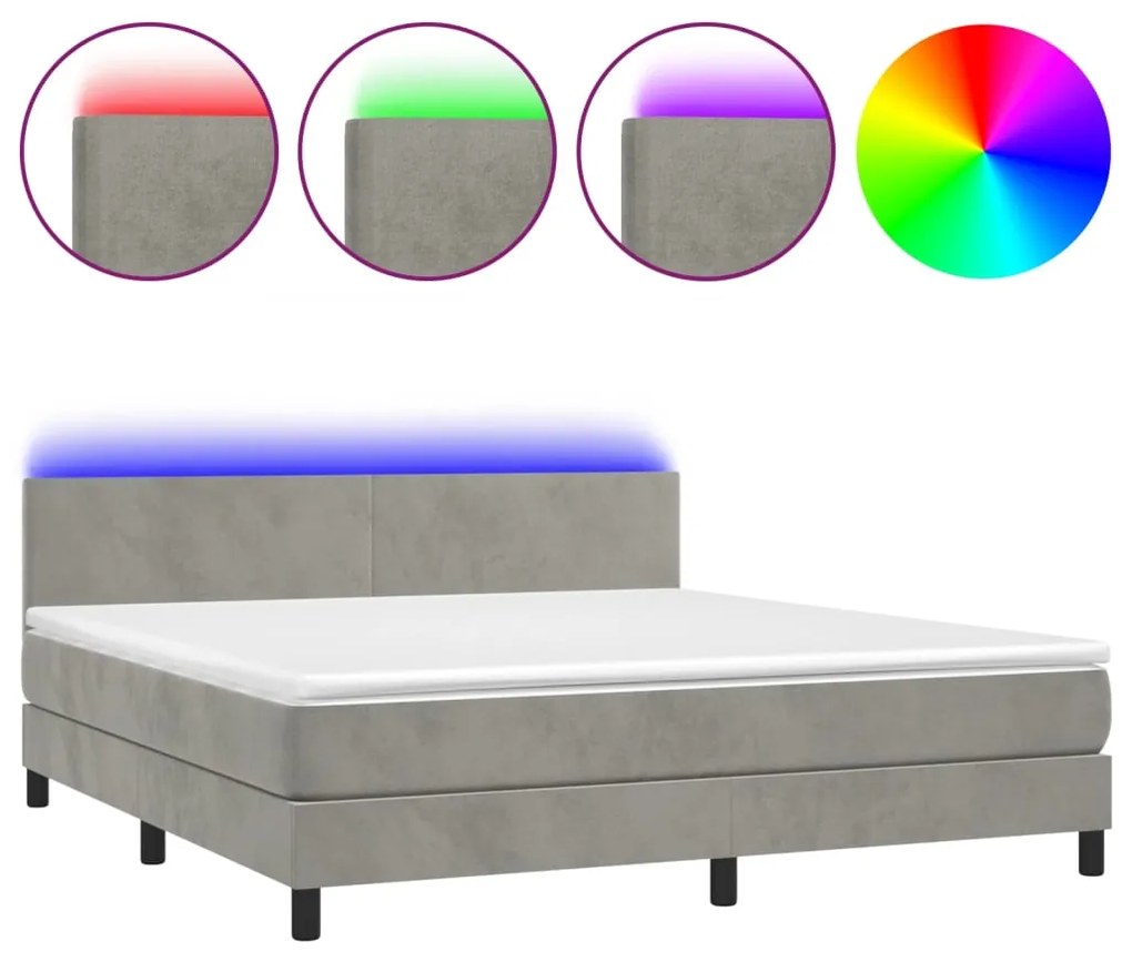 Letto a molle materasso e led grigio chiaro 160x200 cm velluto