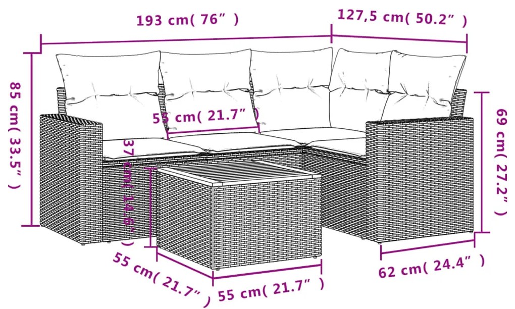 Set divano da giardino 5 pz con cuscini beige in polyrattan