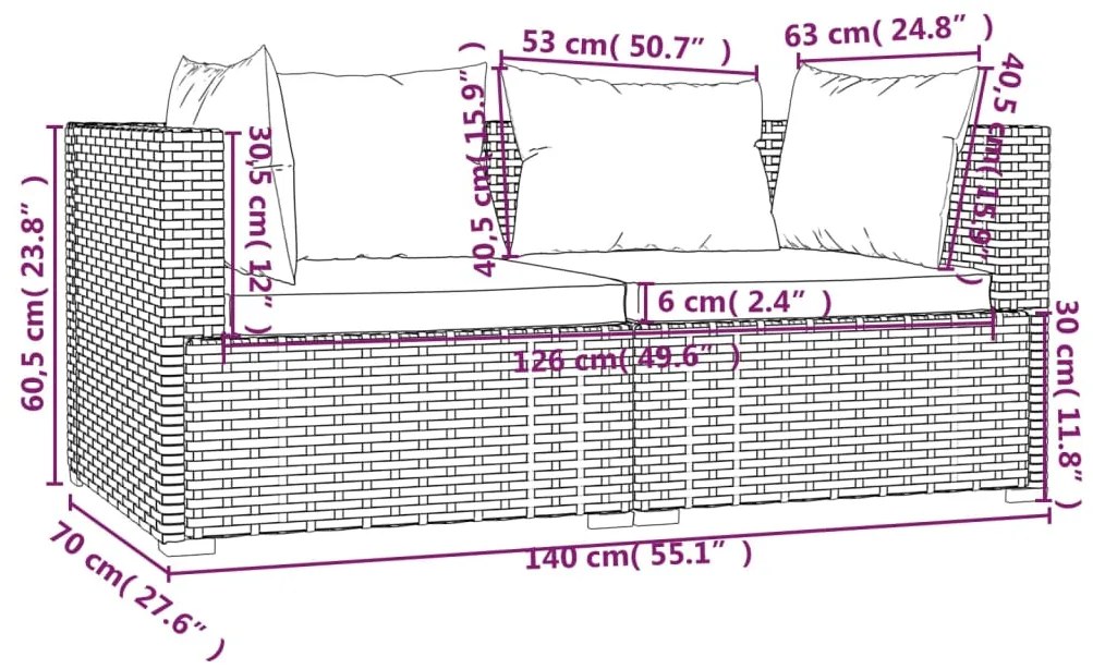 Set Divani da Giardino con Cuscini 3 pz in Polyrattan Marrone