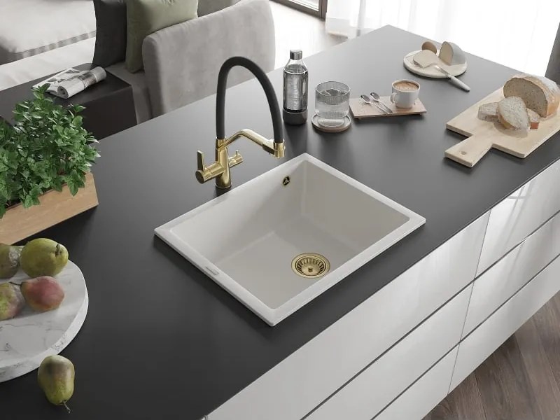 Mexen Pedro lavello in granito 1-vasca 560 x 460 mm, bianco, sifone dorato - 6508561000-20-G