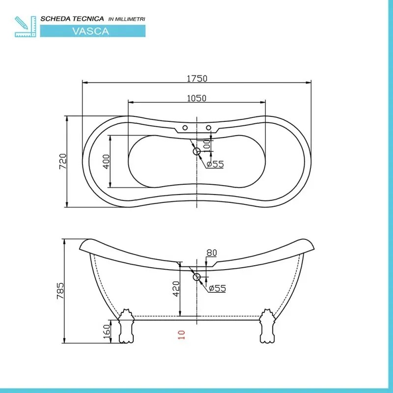Vasca da bagno freestanding classica 175x72 con Piedini cromo a zampa daquila regolabili Elizabeth