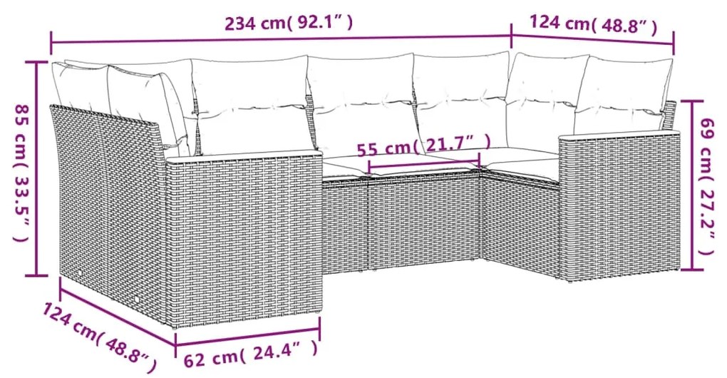 Set divano da giardino 6 pz con cuscini nero in polyrattan