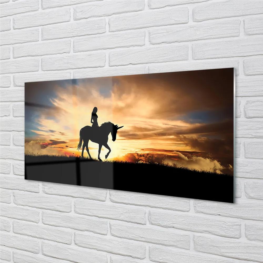 Quadro acrilico Una donna su un tramonto unicorno 100x50 cm