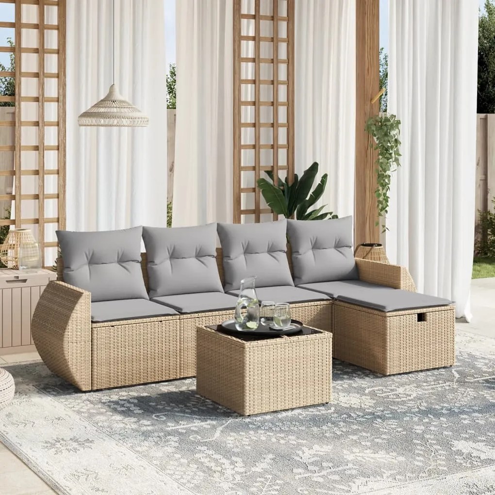 Set divano da giardino 6 pz con cuscini beige misto polyrattan