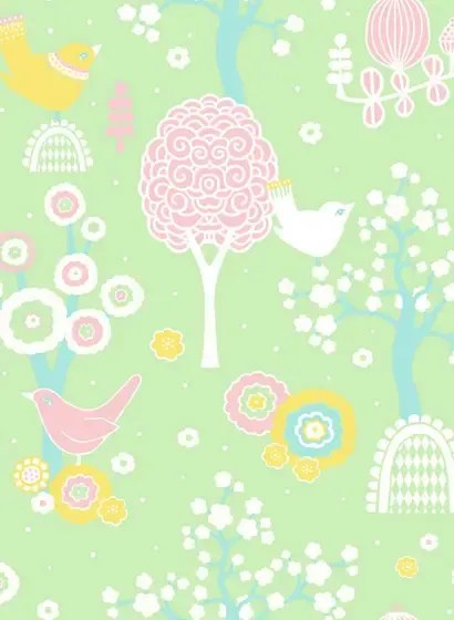 Majvillan Carta da parati Cherry Valley - Tulip Green/ Pink/ Yellow/ Blue/ White