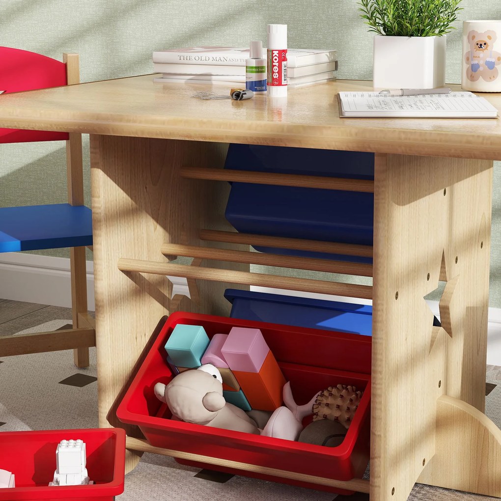 Set Tavolo e Sedie per Bambini con 4 Contenitori per Giochi in Legno e PP...