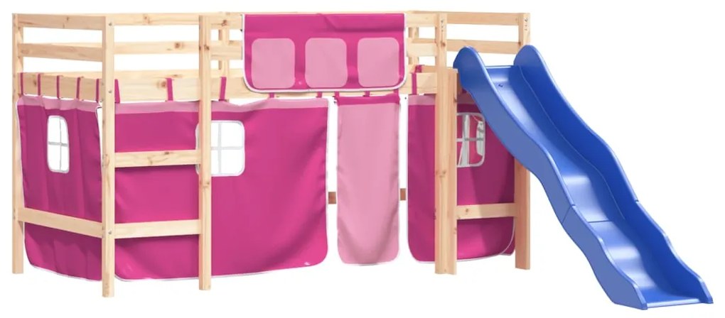 Letto a soppalco con tende bambini rosa 80x200 cm massello pino