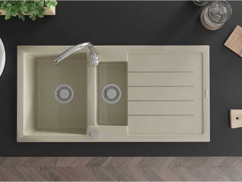 Mexen Andres lavello in granito 1,5 vasche con scolapiatti 1000 x 500 mm, beige, sifone cromato - 6515101510-69