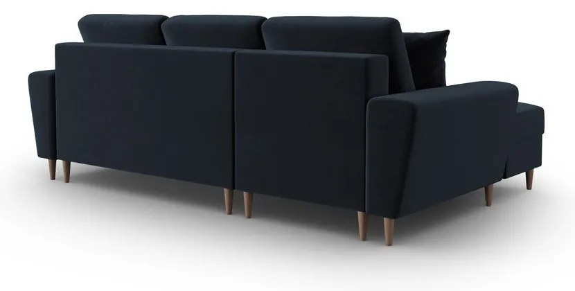 Divano angolare blu scuro allungabile e con contenitore (con penisola a sinistra/con chaise lounge) con rivestimento in velluto Kyoto – Cosmopolitan Design