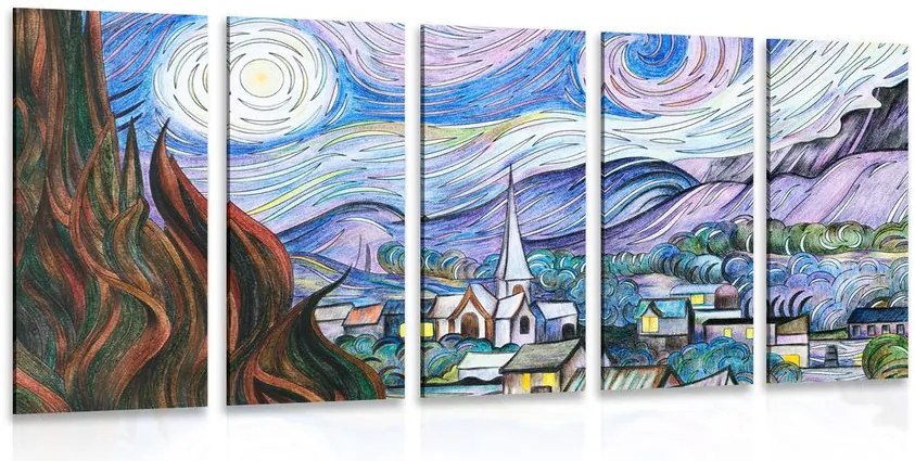 Quadri 5 pezzi – Riproduzione Notte stellata - Vincent van Gogh