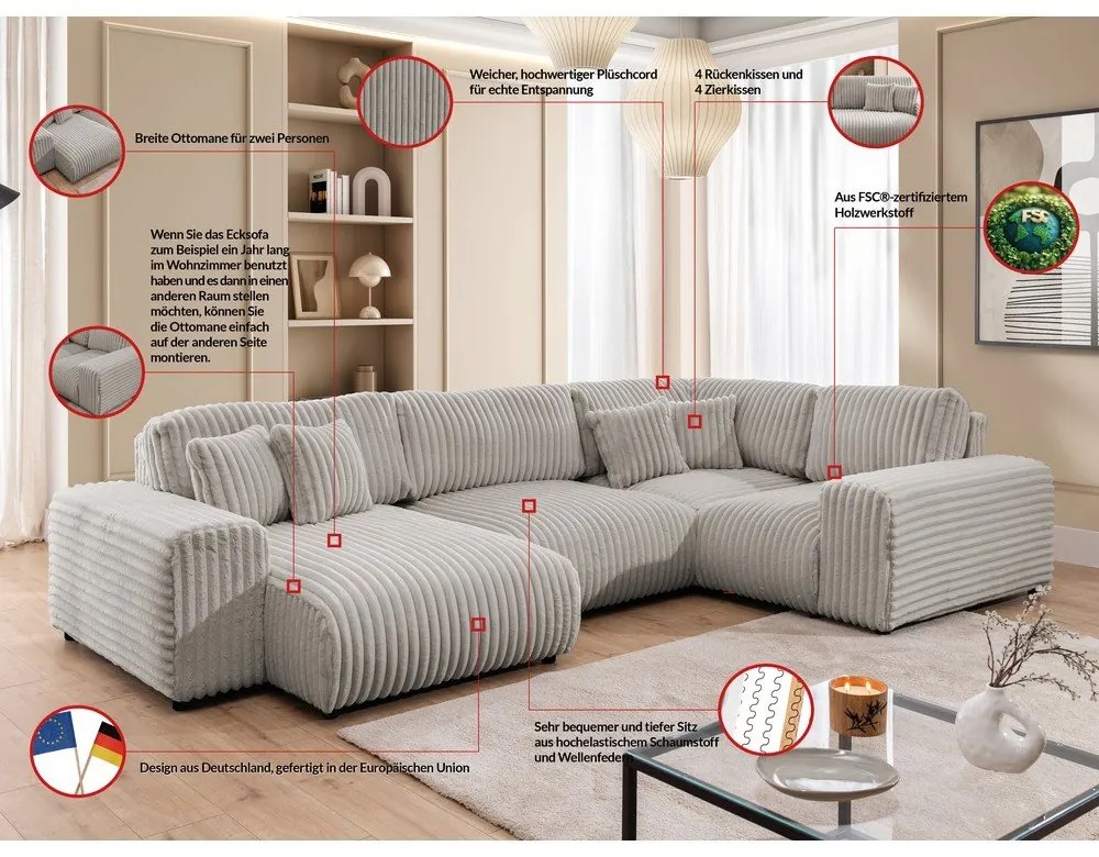 Divano angolare grigio chiaro (con penisola a destra/a U) rivestito in velluto a coste Justin – Ropez