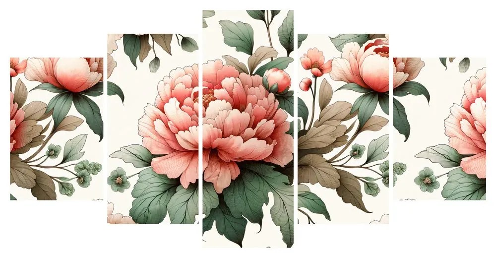 Quadri 5 pezzi – Peonie in tonalità delicate