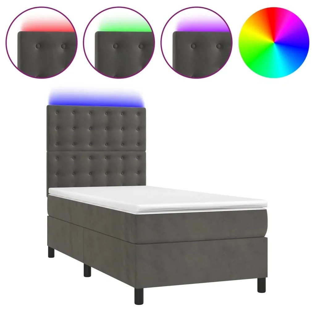 Letto a molle con materasso e led grigio scuro 80x200cm velluto