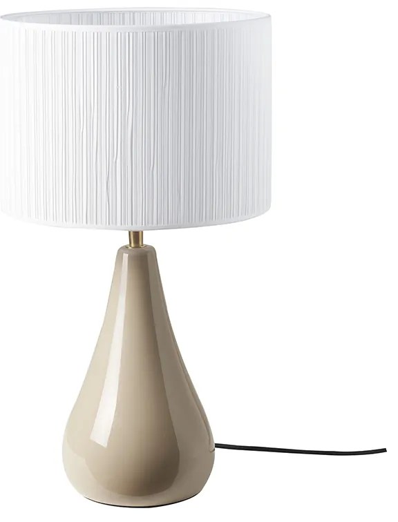 Lampada da tavolo color talpa in ceramica lucida e paralume in tessuto plissettato bianco H49 cm TROIA