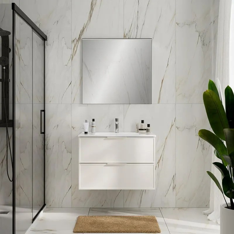 Mobile Quadra L80 H55 P45 bianco opaco laccato 2 cassetti a chiusura ammortizzata e lavabo in ceramica vasca centrale base