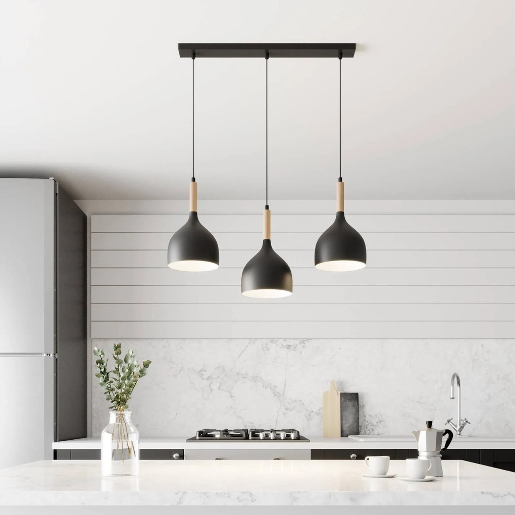 Luminex Lampada a sospensione Noak a 3 luci lunga nero/legno naturale