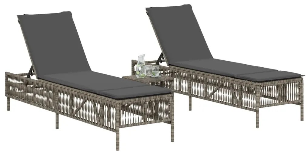 Lettini prendisole 2 pz con tavolino grigio in polyrattan