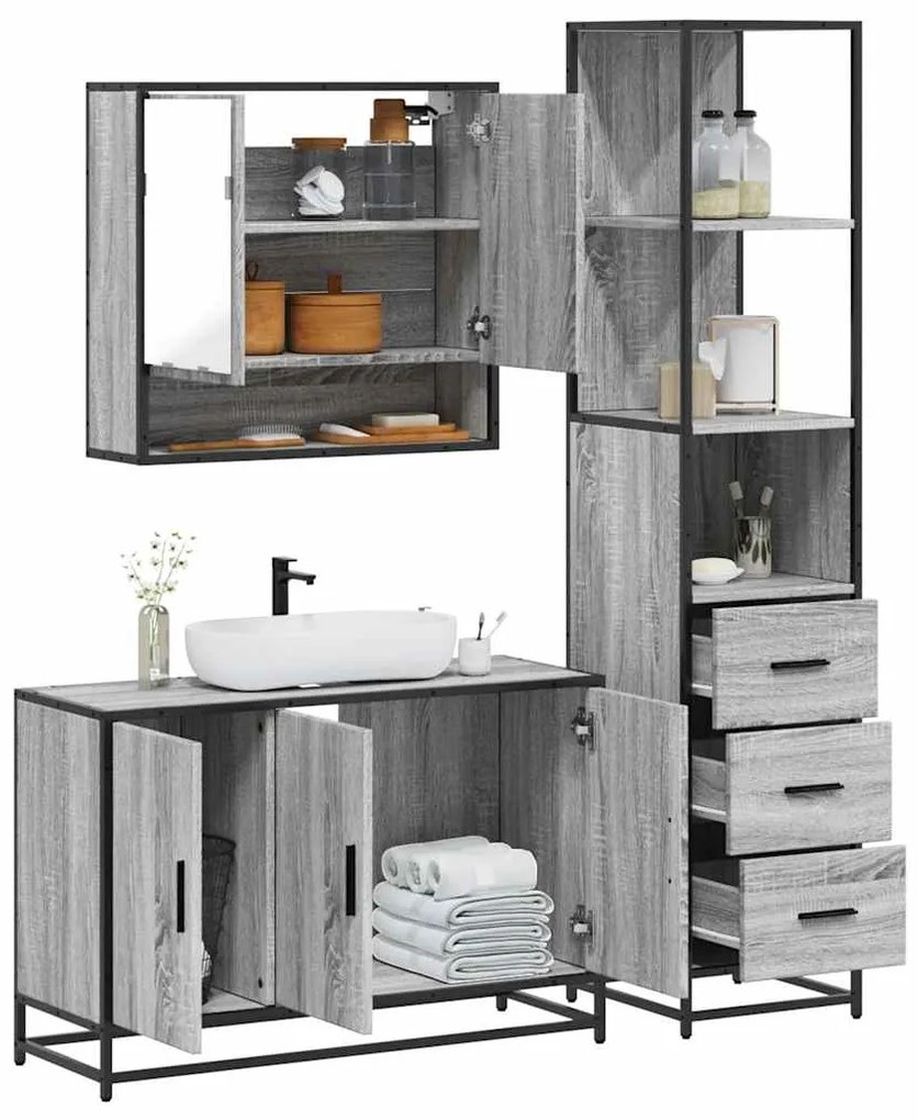 Set Mobili Da Bagno 3 Pz Grigio Sonoma İn Legno Multistrato /