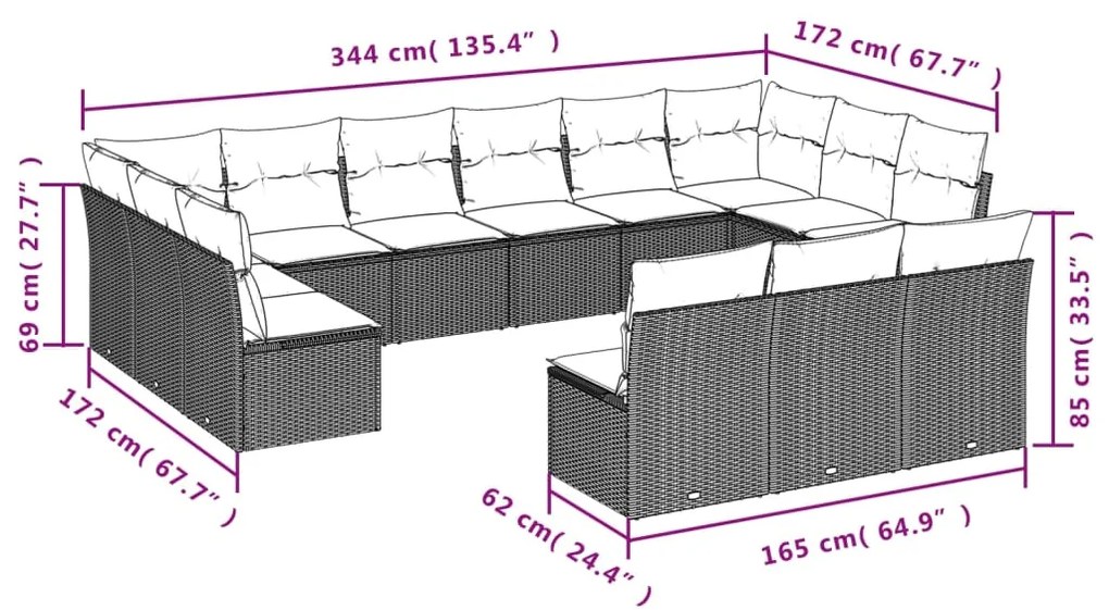 Set divani giardino 13 pz con cuscini grigio chiaro polyrattan